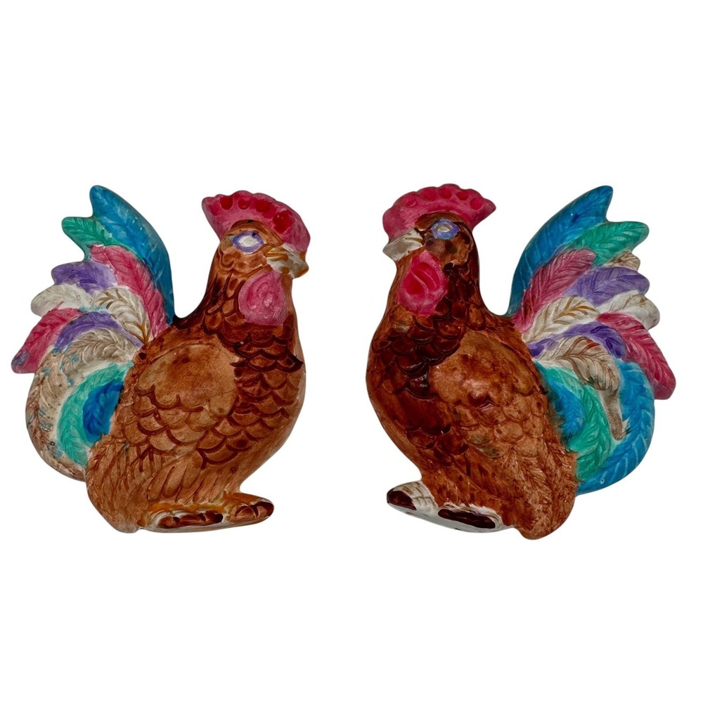 Vintage Ceramic Rooster Wall Hanging Set Colorful Farmhouse Kitchen Decor Kitsch - Picture 11 of 12